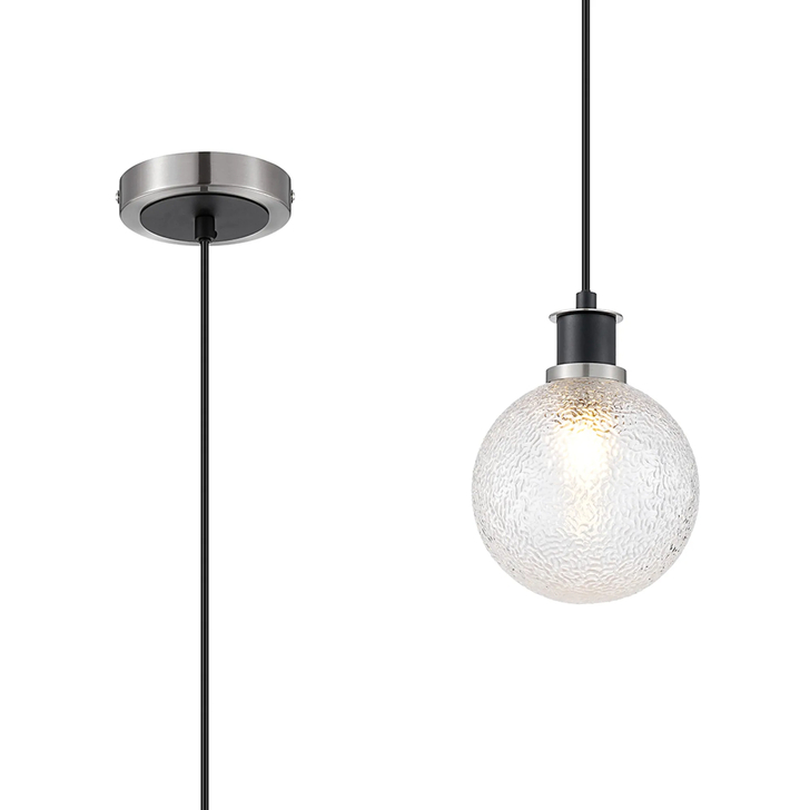 Idolite Haughton IP 1.3m Pendant, 1 x E14 With 15cm Round Dimpled Glass Shade, Satin Nickel, Clear & Satin Black