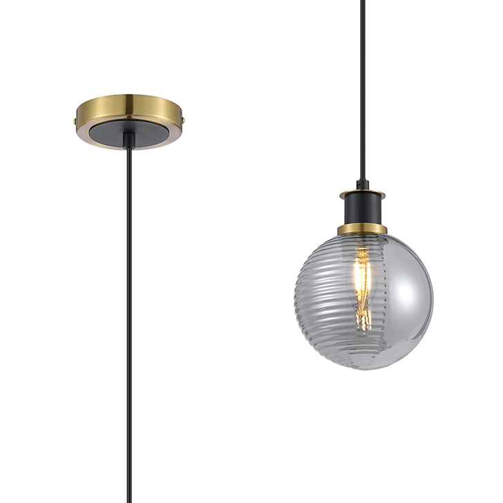 Idolite Haughton IP 1.3m Pendant, 1 x E14 With 15cm Round Double Textured Smooth/Ribbed Glass Shade, Brass, Smoke Plated & Satin Black