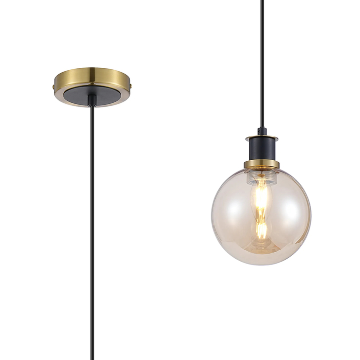 Idolite Haughton IP 1.3m Pendant, 1 x E14 With 15cm Round Glass Shade, Brass, Amber Plated & Satin Black