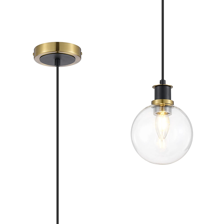 Idolite Haughton IP 1.3m Pendant, 1 x E14 With 15cm Round Glass Shade, Brass, Clear & Satin Black