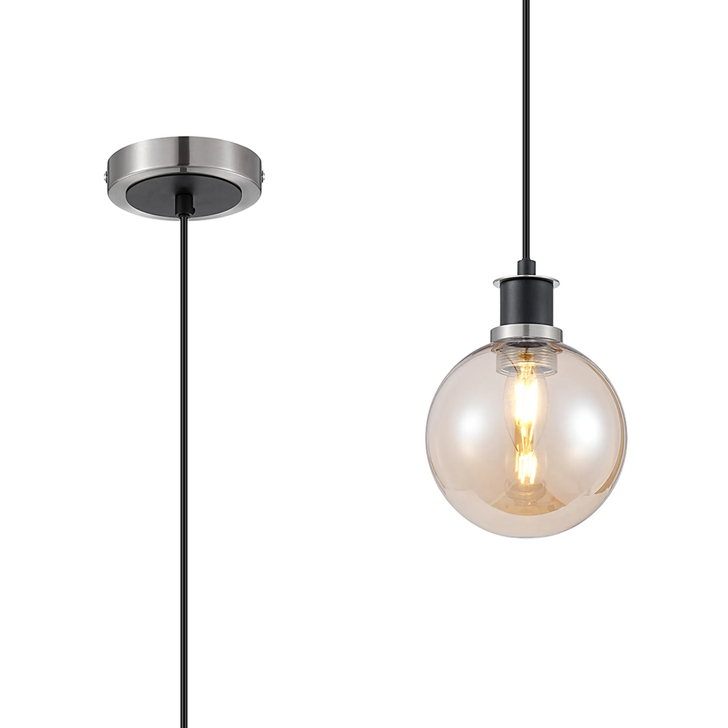 Idolite Haughton IP 1.3m Pendant, 1 x E14 With 15cm Round Glass Shade, Satin Nickel, Amber Plated & Satin Black