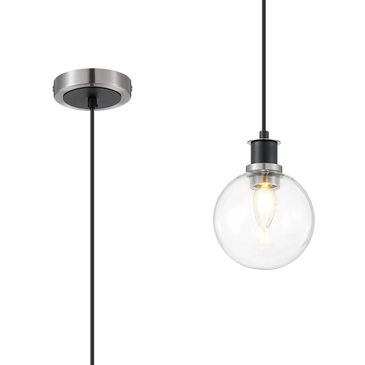 Idolite Haughton IP 1.3m Pendant, 1 x E14 With 15cm Round Glass Shade, Satin Nickel, Clear & Satin Black