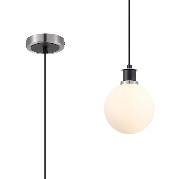 Idolite Haughton IP 1.3m Pendant, 1 x E14 With 15cm Round Glass Shade, Satin Nickel, Opal & Satin Black