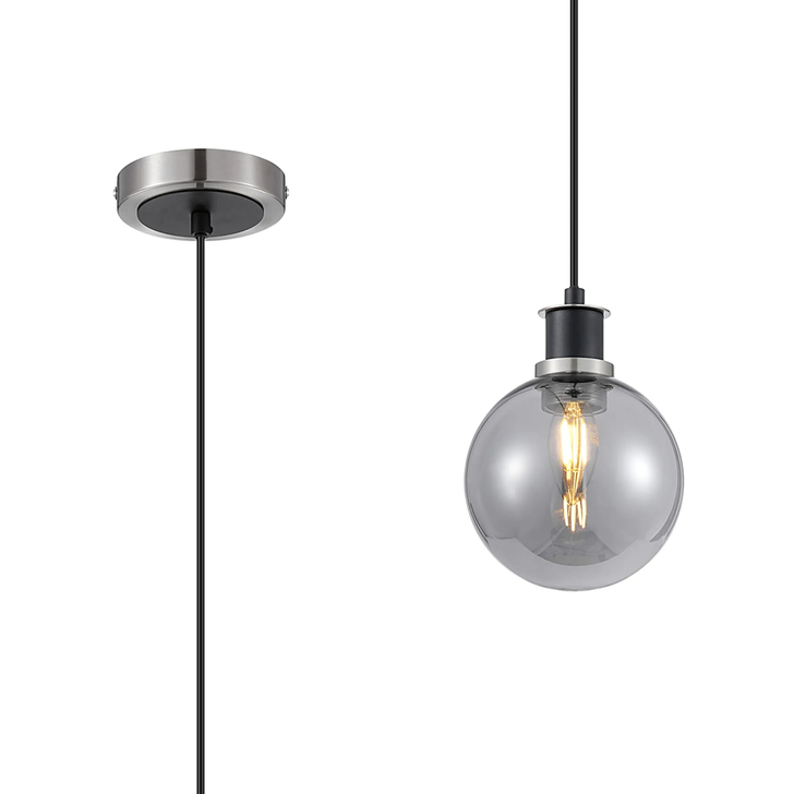 Idolite Haughton IP 1.3m Pendant, 1 x E14 With 15cm Round Glass Shade, Satin Nickel, Smoke Plated & Satin Black