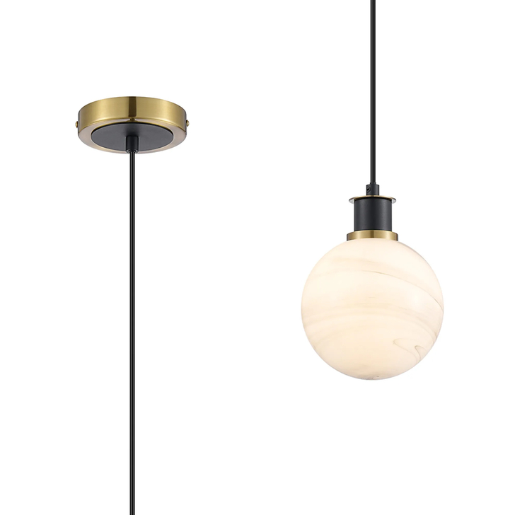 Idolite Haughton IP 1.3m Pendant, 1 x E14 With 15cm Round Marble Effect Glass Shade, Brass, White & Satin Black