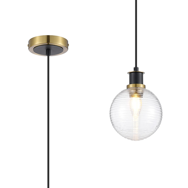 Idolite Haughton IP 1.3m Pendant, 1 x E14 With 15cm Round Ribbed Glass Shade, Brass, Clear & Satin Black