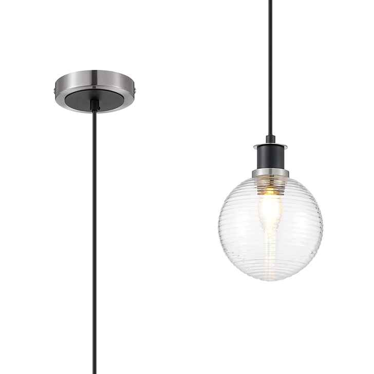 Idolite Haughton IP 1.3m Pendant, 1 x E14 With 15cm Round Ribbed Glass Shade, Satin Nickel, Clear & Satin Black