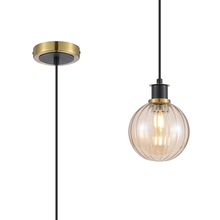 Idolite Haughton IP 1.3m Pendant, 1 x E14 With 15cm Round Segment Glass Shade, Brass, Amber Plated & Satin Black