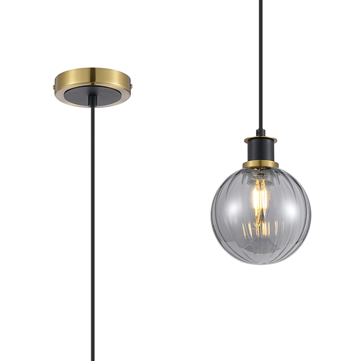 Idolite Haughton IP 1.3m Pendant, 1 x E14 With 15cm Round Segment Glass Shade, Brass, Smoke Plated & Satin Black