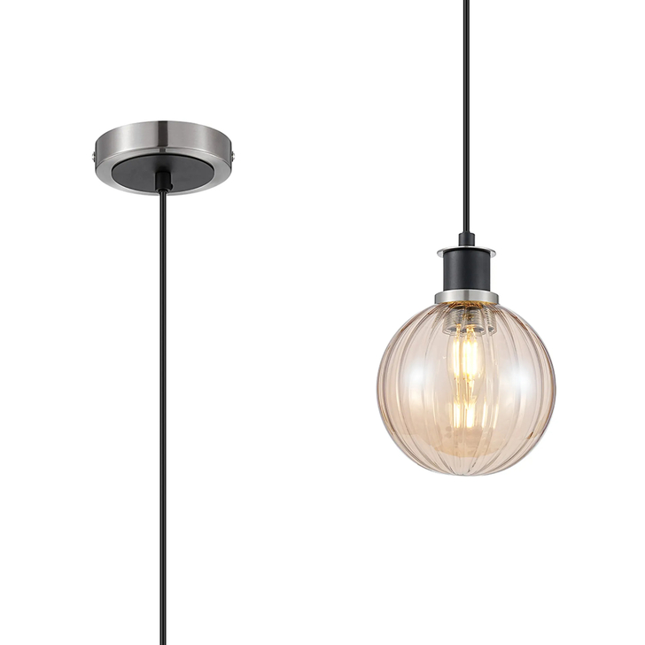 Idolite Haughton IP 1.3m Pendant, 1 x E14 With 15cm Round Segment Glass Shade, Satin Nickel, Amber Plated & Satin Black
