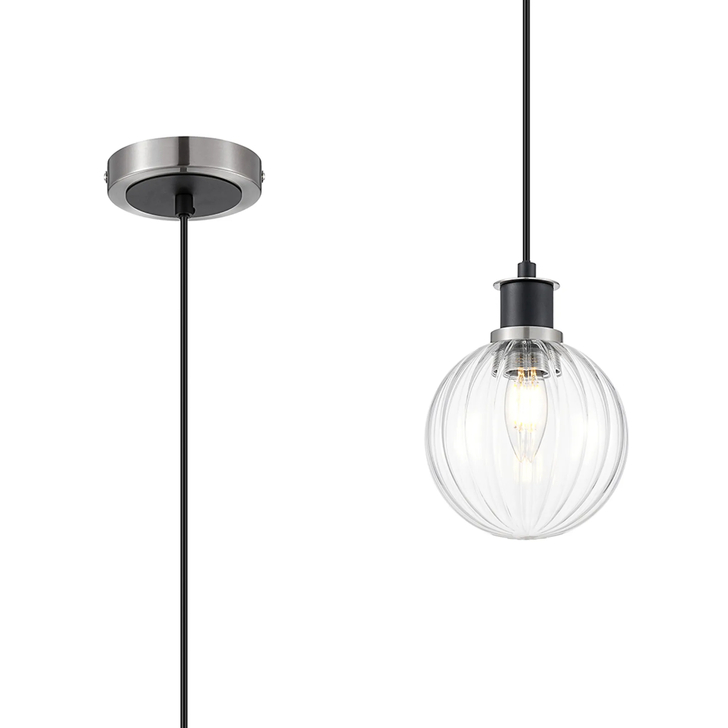 Idolite Haughton IP 1.3m Pendant, 1 x E14 With 15cm Round Segment Glass Shade, Satin Nickel, Clear & Satin Black