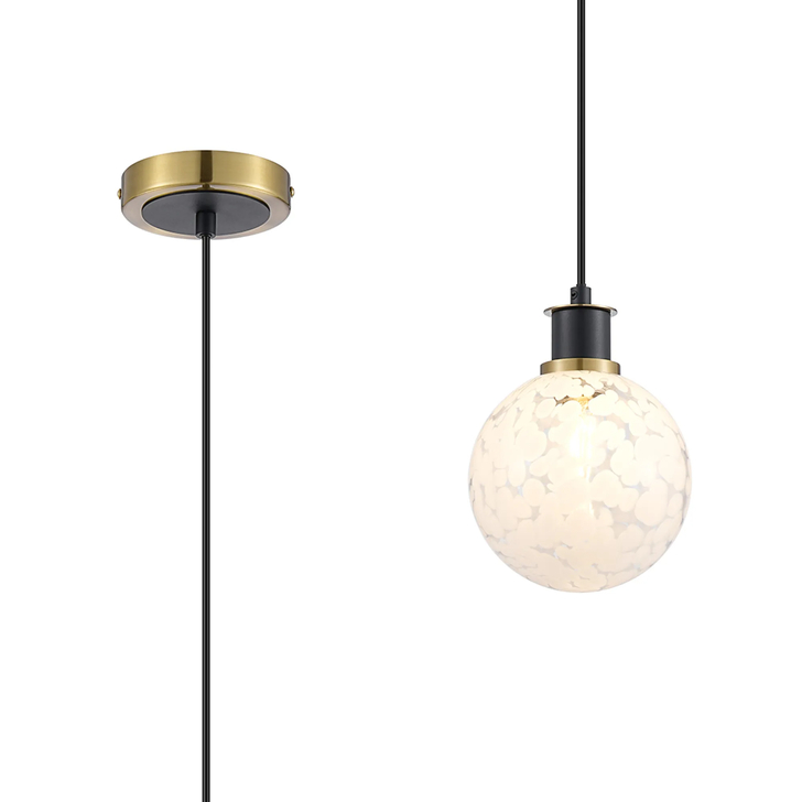 Idolite Haughton IP 1.3m Pendant, 1 x E14 With 15cm Round Speckled Glass Shade, Brass, White & Satin Black