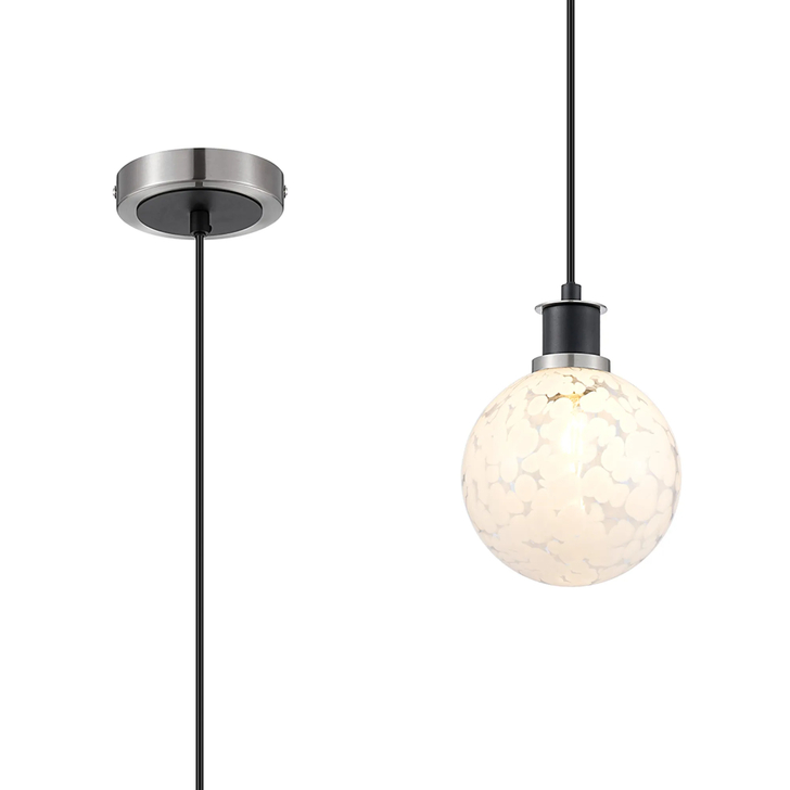 Idolite Haughton IP 1.3m Pendant, 1 x E14 With 15cm Round Speckled Glass Shade, Satin Nickel, White & Satin Black