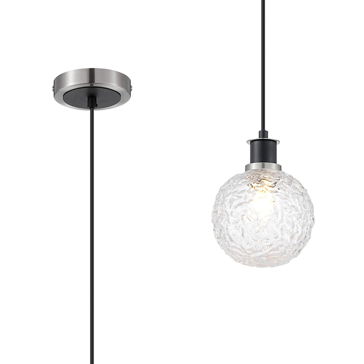 Idolite Haughton IP 1.3m Pendant, 1 x E14 With 15cm Round Textured Crumple Glass Shade, Satin Nickel, Clear & Satin Black
