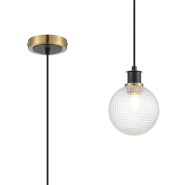 Idolite Haughton IP 1.3m Pendant, 1 x E14 With 15cm Round Textured Diamond Pattern Glass Shade, Brass, Clear & Satin Black