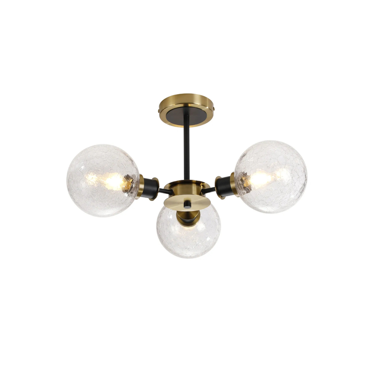 Idolite Haughton IP Semi Ceiling, 3 x E14 With 15cm Round Crackled Glass Shade, Brass, Clear & Satin Black