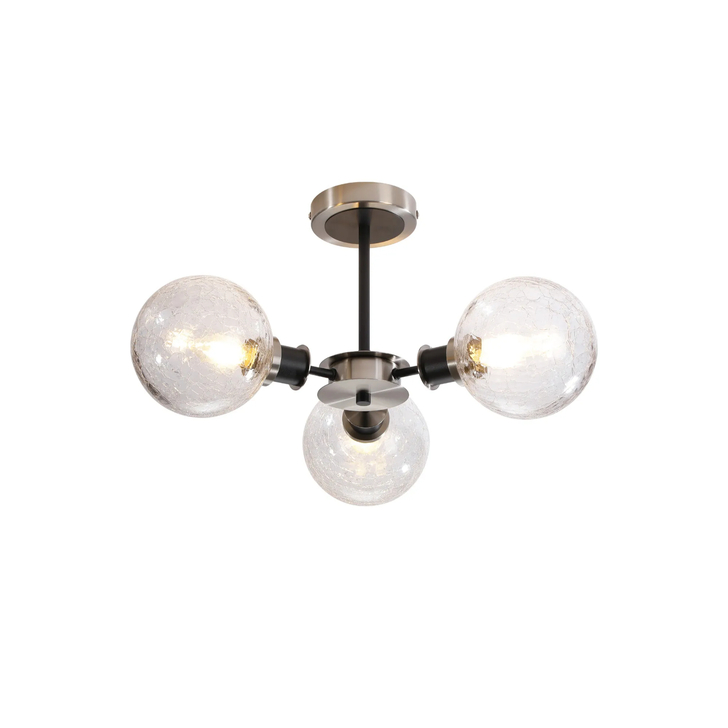 Idolite Haughton IP Semi Ceiling, 3 x E14 With 15cm Round Crackled Glass Shade, Satin Nickel, Clear & Satin Black