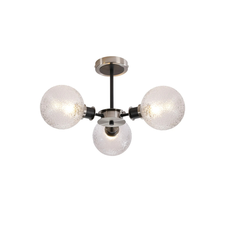 Idolite Haughton IP Semi Ceiling, 3 x E14 With 15cm Round Dimpled Glass Shade, Satin Nickel, Clear & Satin Black