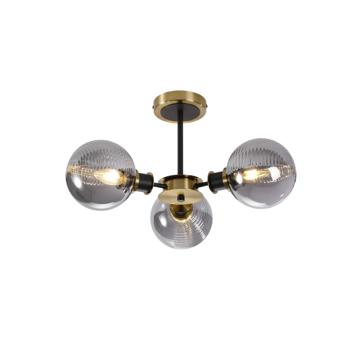 Idolite Haughton IP Semi Ceiling, 3 x E14 With 15cm Round Double Textured Smooth/Ribbed Glass Shade, Brass, Smoke Plated & Satin Black