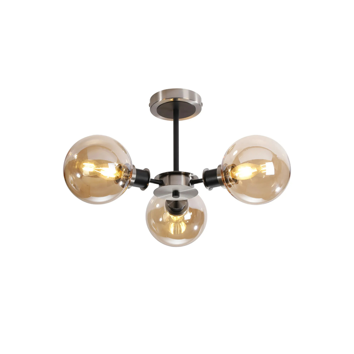 Idolite Haughton IP Semi Ceiling, 3 x E14 With 15cm Round Glass Shade, Satin Nickel, Amber Plated & Satin Black