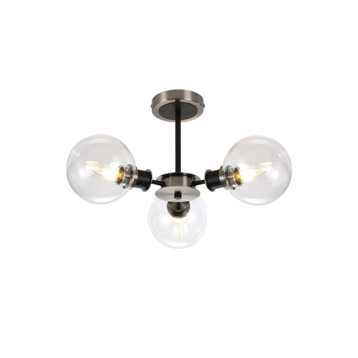 Idolite Haughton IP Semi Ceiling, 3 x E14 With 15cm Round Glass Shade, Satin Nickel, Clear & Satin Black