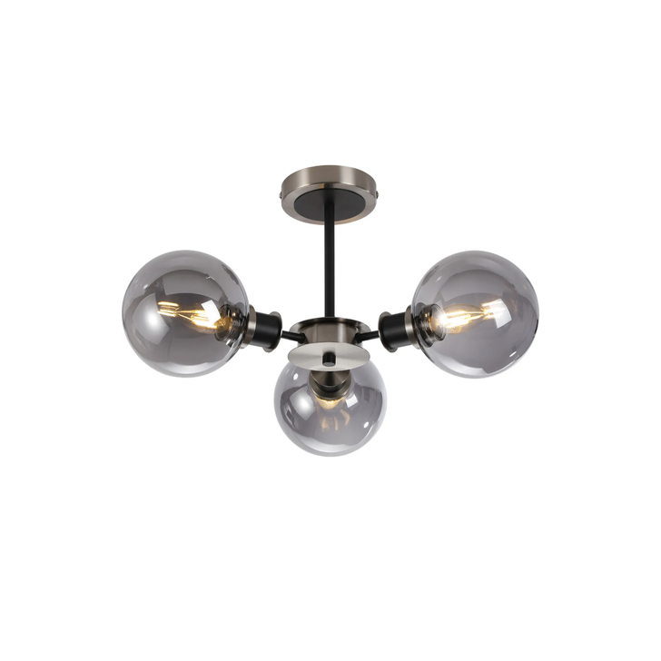 Idolite Haughton IP Semi Ceiling, 3 x E14 With 15cm Round Glass Shade, Satin Nickel, Smoke Plated & Satin Black