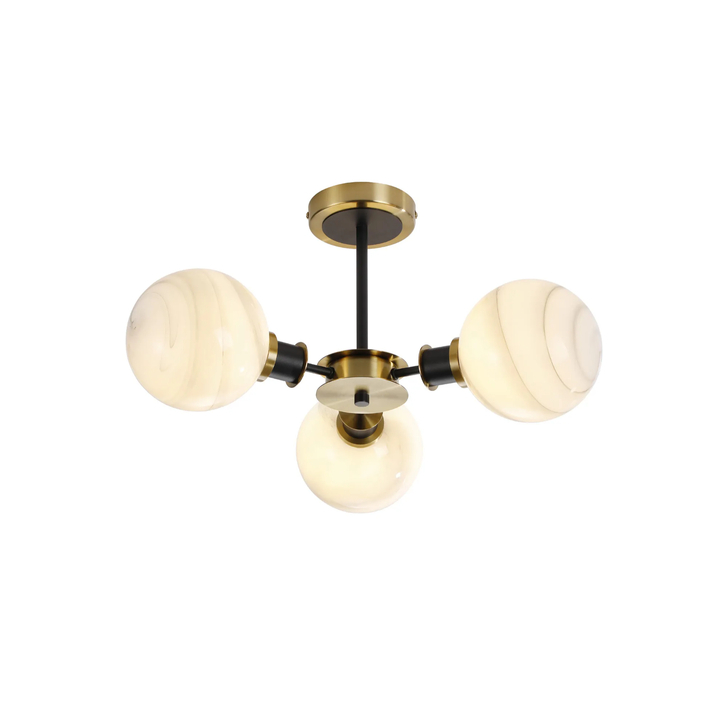 Idolite Haughton IP Semi Ceiling, 3 x E14 With 15cm Round Marble Effect Glass Shade, Brass, White & Satin Black
