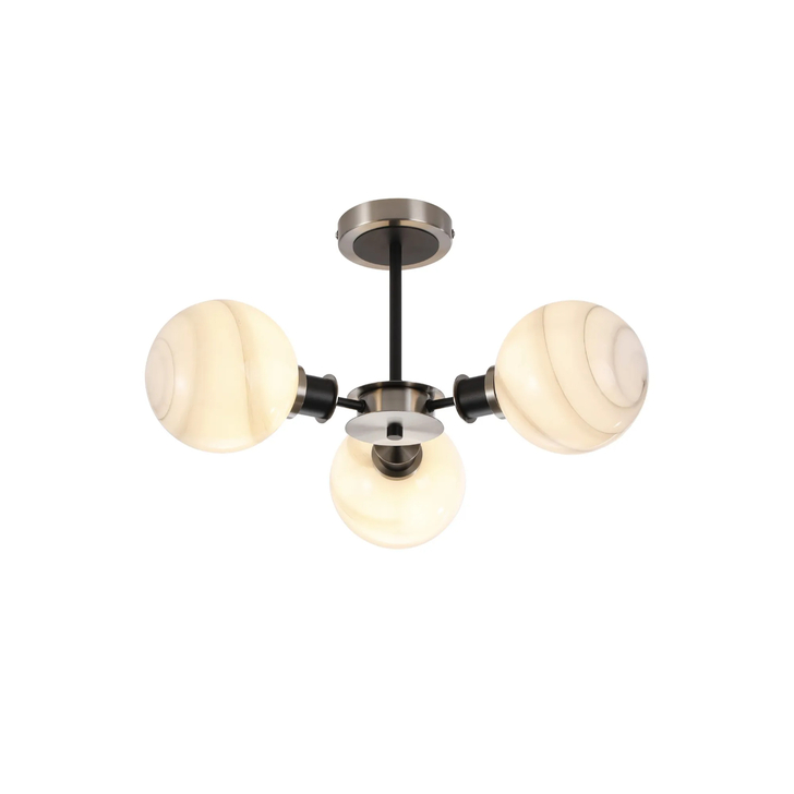 Idolite Haughton IP Semi Ceiling, 3 x E14 With 15cm Round Marble Effect Glass Shade, Satin Nickel, White & Satin Black