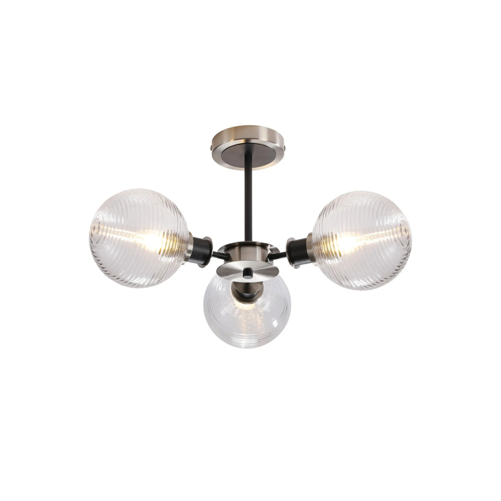 Idolite Haughton IP Semi Ceiling, 3 x E14 With 15cm Round Ribbed Glass Shade, Satin Nickel, Clear & Satin Black