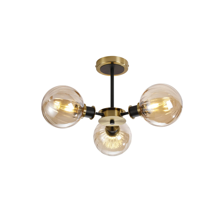 Idolite Haughton IP Semi Ceiling, 3 x E14 With 15cm Round Segment Glass Shade, Brass, Amber Plated & Satin Black