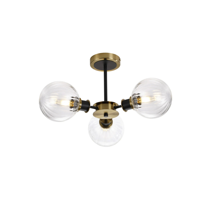 Idolite Haughton IP Semi Ceiling, 3 x E14 With 15cm Round Segment Glass Shade, Brass, Clear & Satin Black