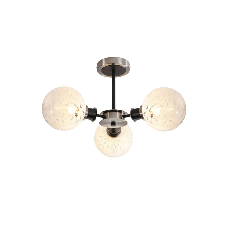 Idolite Haughton IP Semi Ceiling, 3 x E14 With 15cm Round Speckled Glass Shade, Satin Nickel, White & Satin Black
