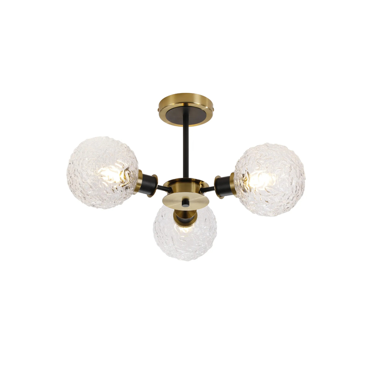 Idolite Haughton IP Semi Ceiling, 3 x E14 With 15cm Round Textured Crumple Glass Shade, Brass, Clear & Satin Black