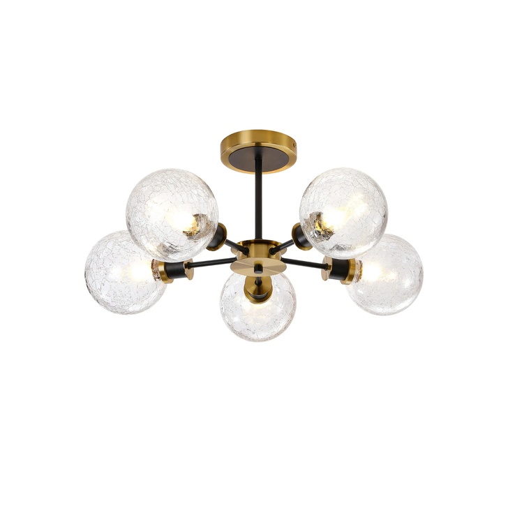 Idolite Haughton IP Semi Ceiling, 5 x E14 With 15cm Round Crackled Glass Shade, Brass, Clear & Satin Black