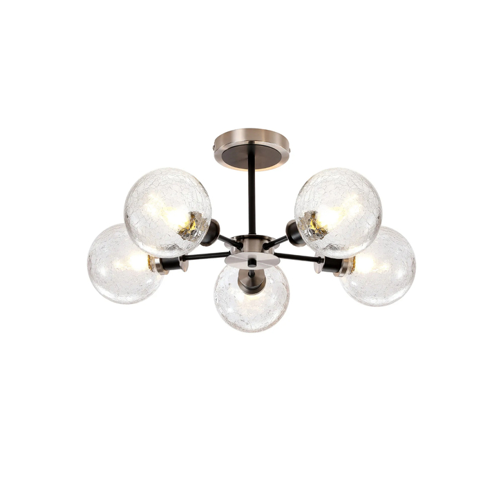 Idolite Haughton IP Semi Ceiling, 5 x E14 With 15cm Round Crackled Glass Shade, Satin Nickel, Clear & Satin Black