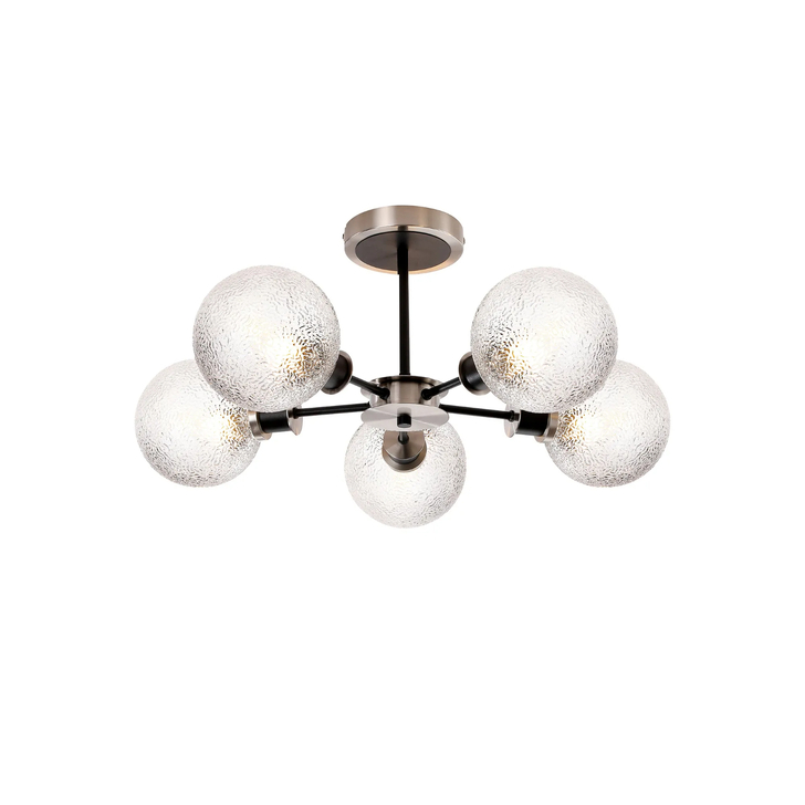 Idolite Haughton IP Semi Ceiling, 5 x E14 With 15cm Round Dimpled Glass Shade, Satin Nickel, Clear & Satin Black