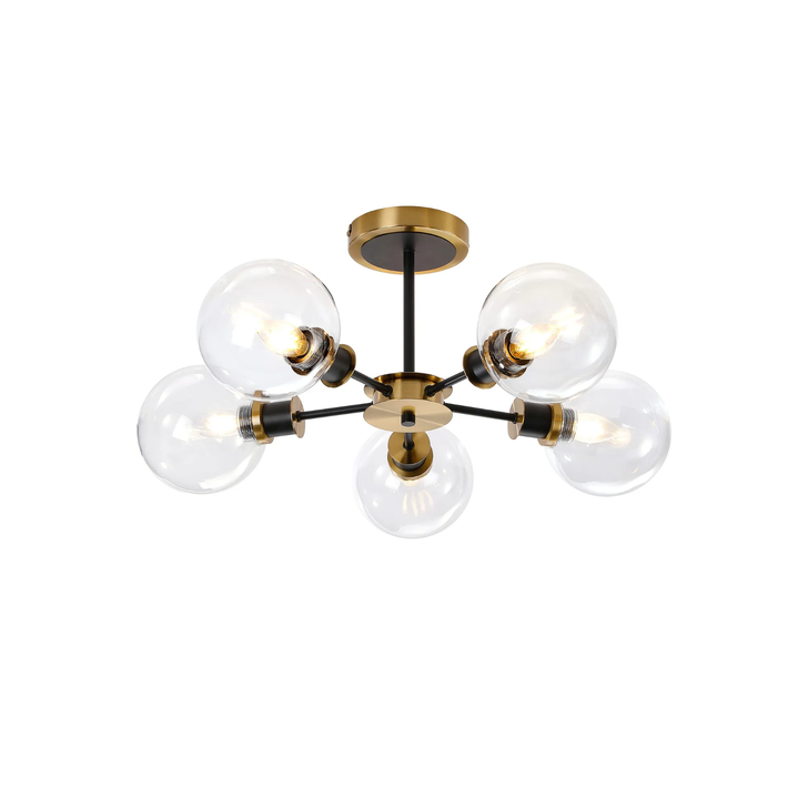 Idolite Haughton IP Semi Ceiling, 5 x E14 With 15cm Round Glass Shade, Brass, Clear & Satin Black