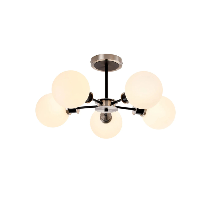 Idolite Haughton IP Semi Ceiling, 5 x E14 With 15cm Round Glass Shade, Satin Nickel, Opal & Satin Black