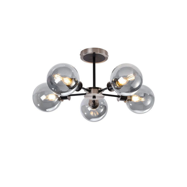 Idolite Haughton IP Semi Ceiling, 5 x E14 With 15cm Round Glass Shade, Satin Nickel, Smoke Plated & Satin Black