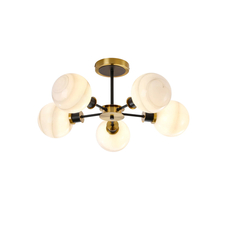 Idolite Haughton IP Semi Ceiling, 5 x E14 With 15cm Round Marble Effect Glass Shade, Brass, White & Satin Black