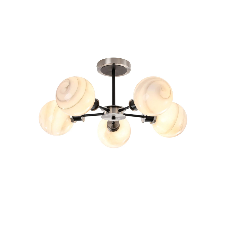 Idolite Haughton IP Semi Ceiling, 5 x E14 With 15cm Round Marble Effect Glass Shade, Satin Nickel, White & Satin Black