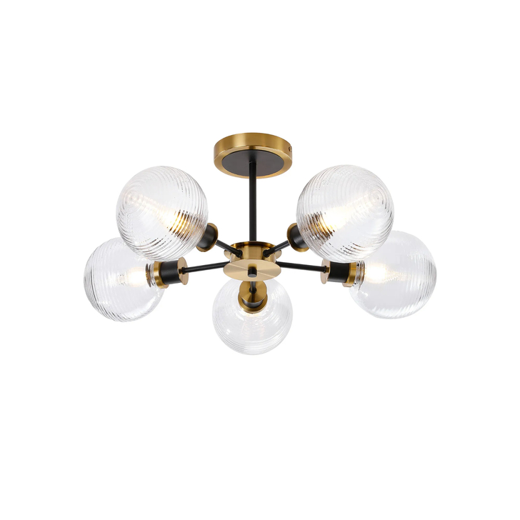 Idolite Haughton IP Semi Ceiling, 5 x E14 With 15cm Round Ribbed Glass Shade, Brass, Clear & Satin Black