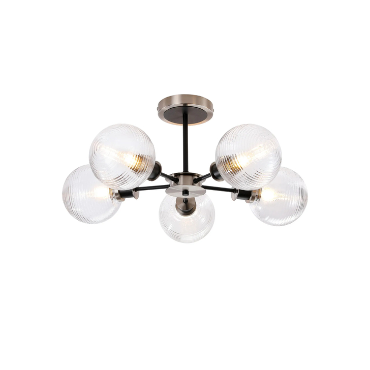 Idolite Haughton IP Semi Ceiling, 5 x E14 With 15cm Round Ribbed Glass Shade, Satin Nickel, Clear & Satin Black