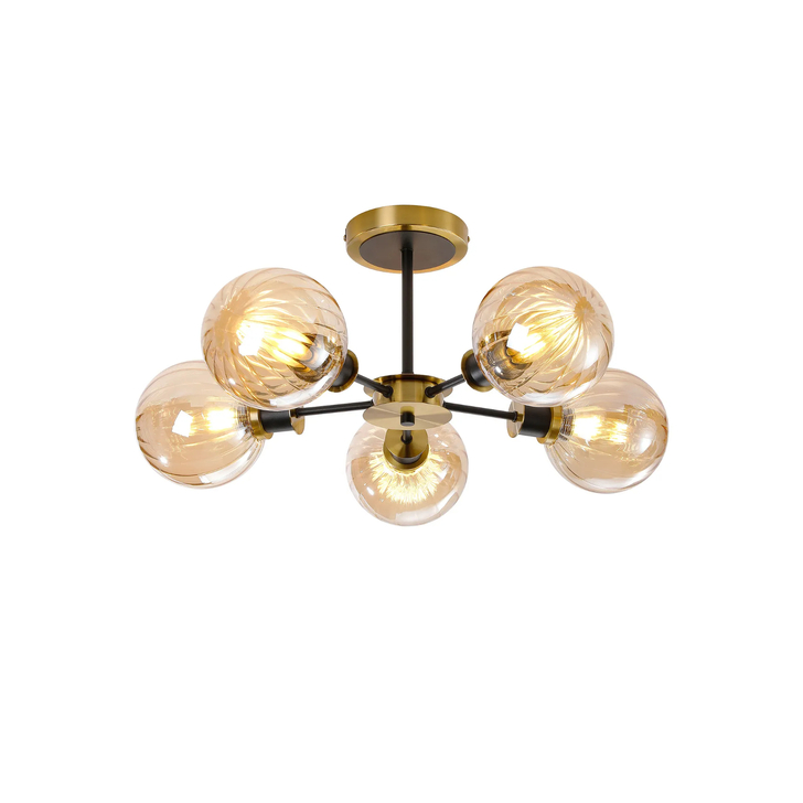 Idolite Haughton IP Semi Ceiling, 5 x E14 With 15cm Round Segment Glass Shade, Brass, Amber Plated & Satin Black