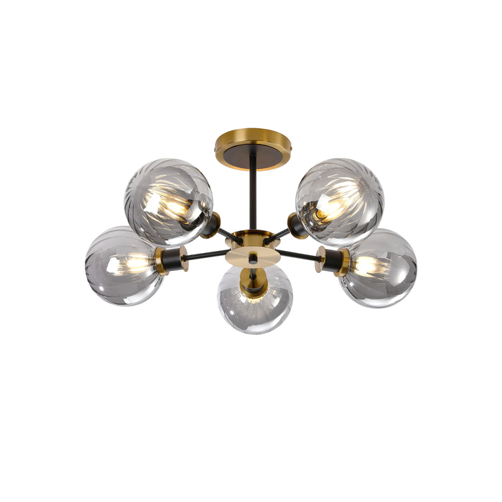 Idolite Haughton IP Semi Ceiling, 5 x E14 With 15cm Round Segment Glass Shade, Brass, Smoke Plated & Satin Black