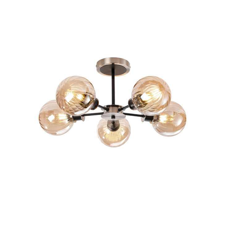 Idolite Haughton IP Semi Ceiling, 5 x E14 With 15cm Round Segment Glass Shade, Satin Nickel, Amber Plated & Satin Black