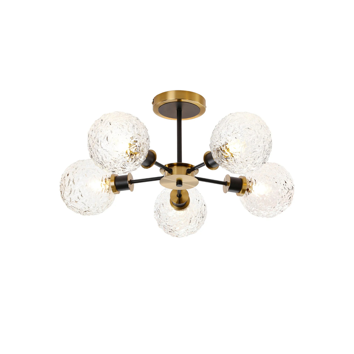 Idolite Haughton IP Semi Ceiling, 5 x E14 With 15cm Round Textured Crumple Glass Shade, Brass, Clear & Satin Black