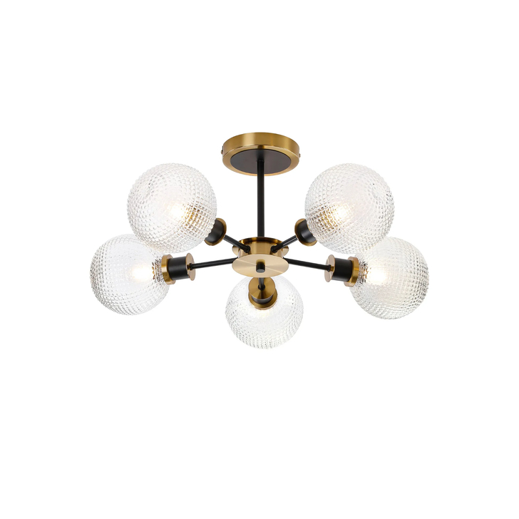 Idolite Haughton IP Semi Ceiling, 5 x E14 With 15cm Round Textured Diamond Pattern Glass Shade, Brass, Clear & Satin Black