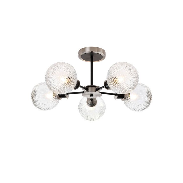 Idolite Haughton IP Semi Ceiling, 5 x E14 With 15cm Round Textured Diamond Pattern Glass Shade, Satin Nickel, Clear & Satin Black