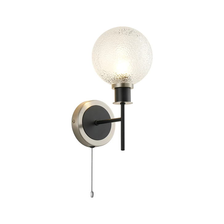 Idolite Haughton IP Switched Wall Light, 1 x E14 With 15cm Round Dimpled Glass Shade, Satin Nickel, Clear & Satin Black